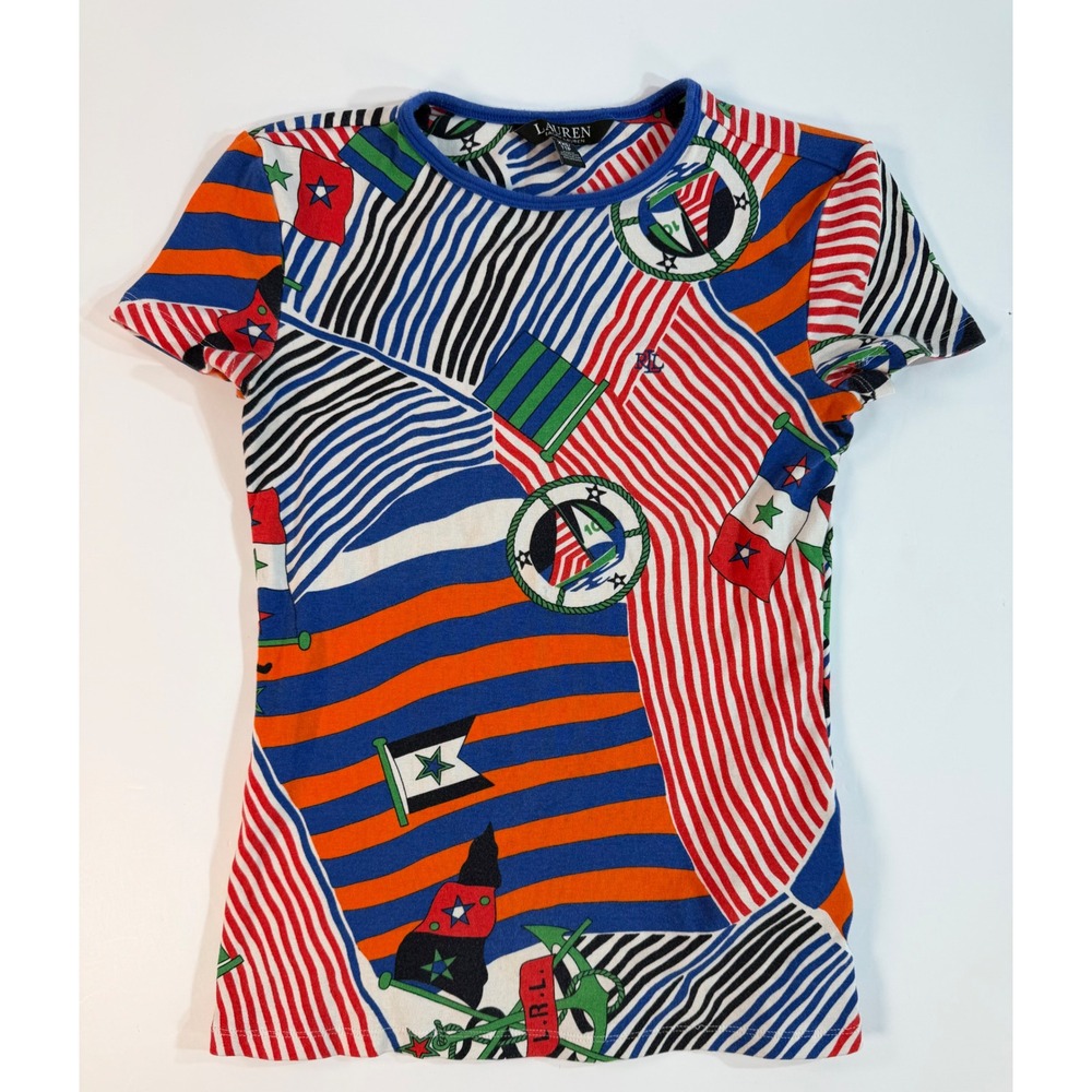 Lauren Ralph Lauren Nautical Patchwork Flag Anchor Print T-Shirt XXS Red Blue